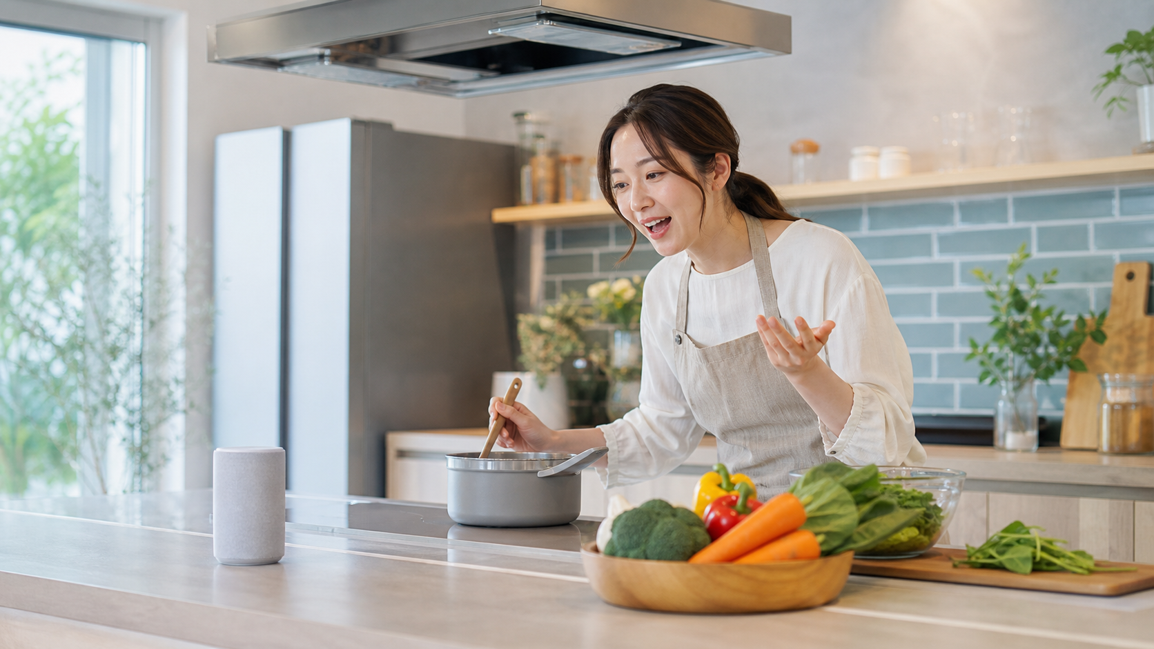 キッチンで料理しながらスマートスピーカーへ指示するインサート画像