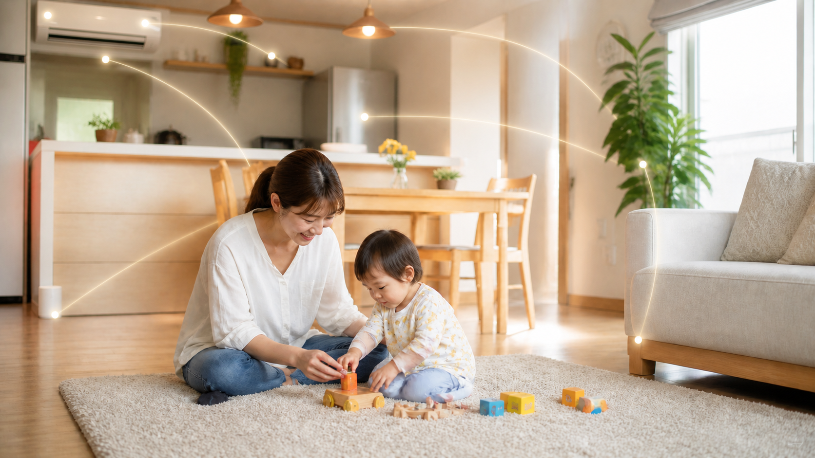 母親と子どもの子育てシーンにIoT接続ラインを加えたインサート画像