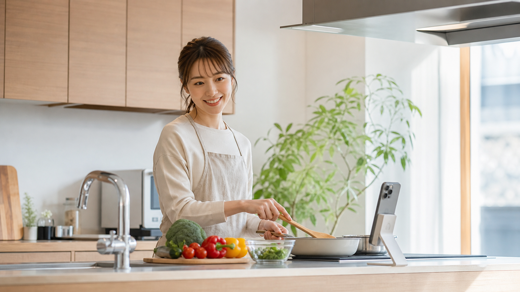 料理しながらスマホ越しに赤ちゃんの様子を見守るインサート画像